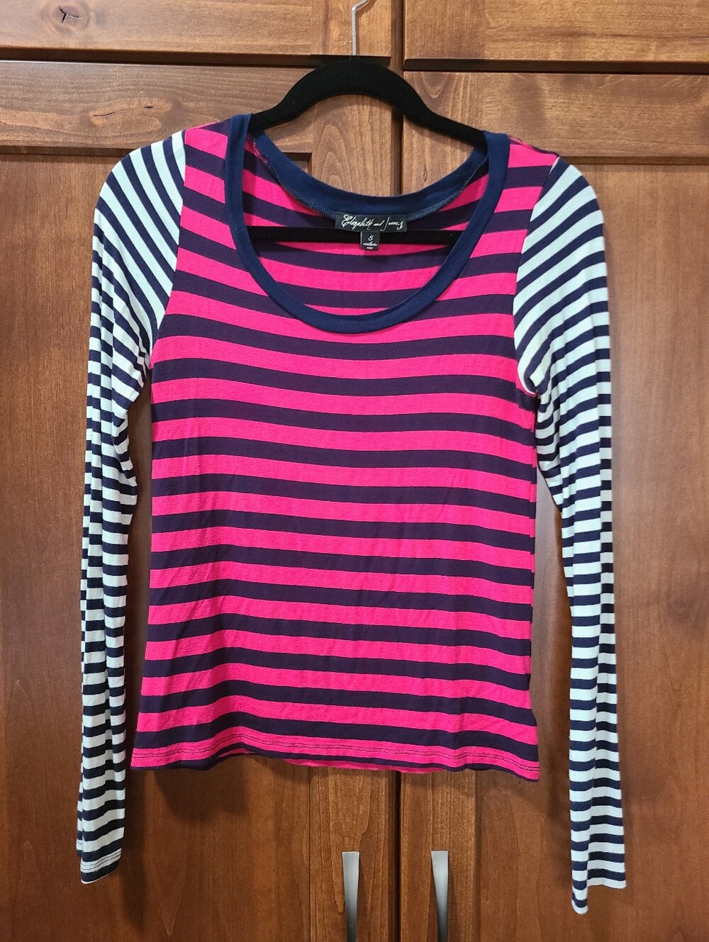 Elizabeth And James Womens Striped Long Sleeve Top - Pink & Navy Small